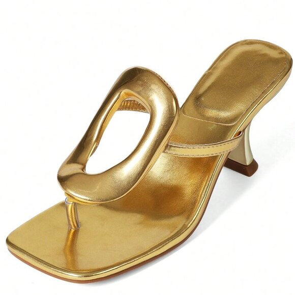 Gold Elegant Women's Metallic Square Toe Kitten Sandal Heels - Picture 5 of 5